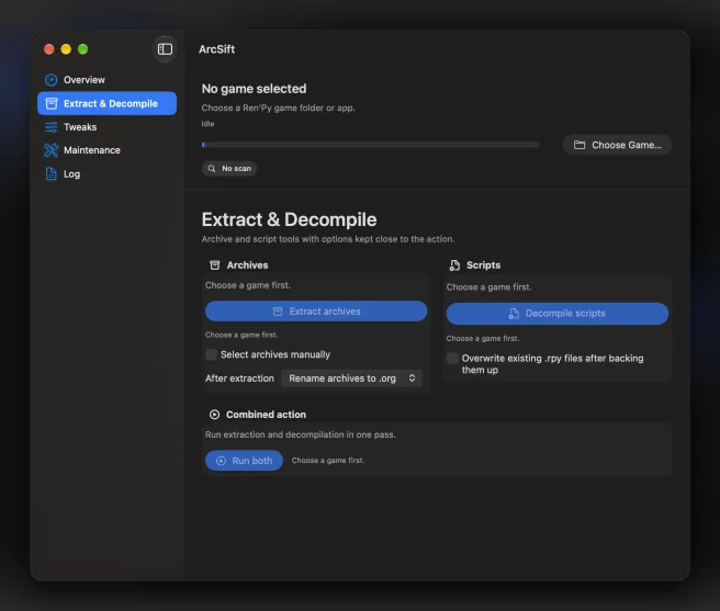 ArcSift options for extracting archives and decompiling scripts.