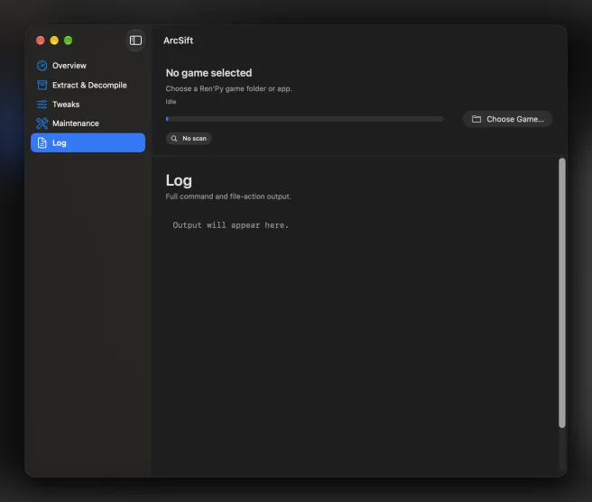 ArcSift Log screen where command and file-action output appears.