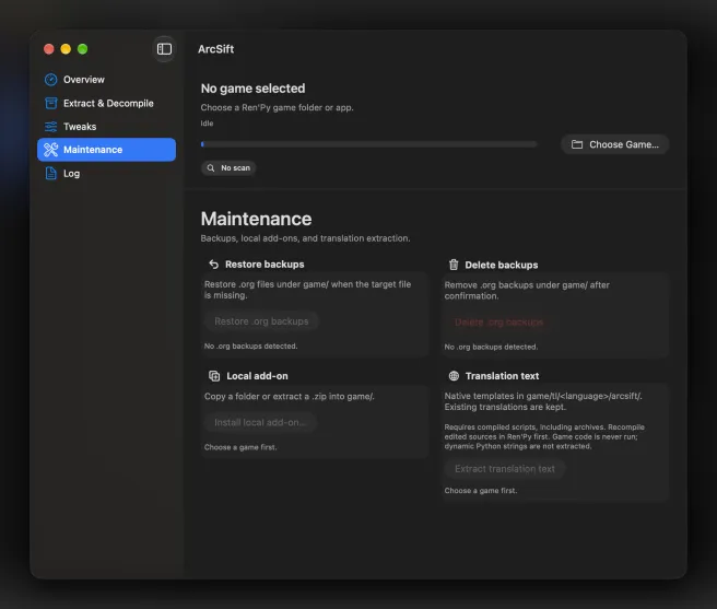 ArcSift maintenance tools for backups, local add-ons, and translation text.