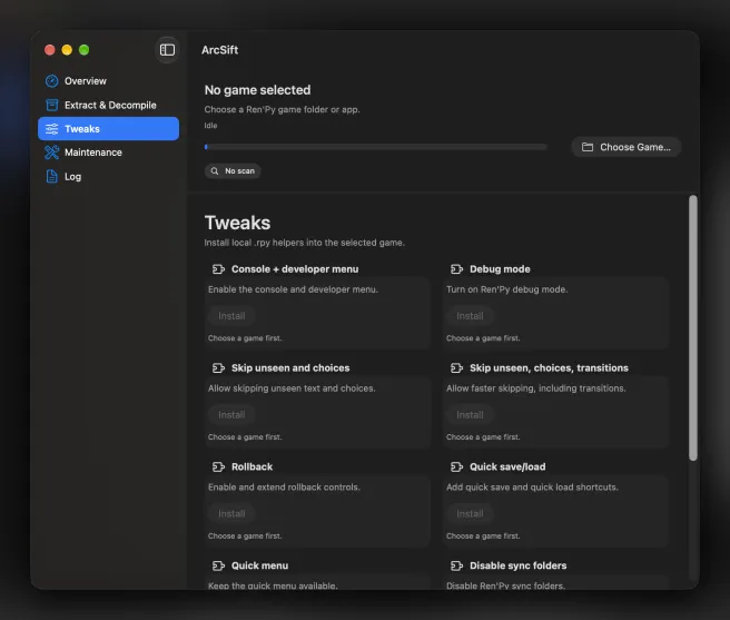 ArcSift Tweaks showing local helpers for Ren'Py games.