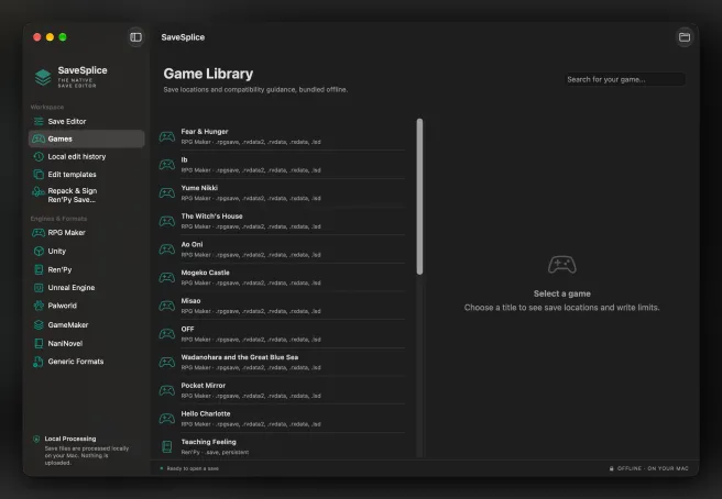 SaveSplice offline Game Library listing games with save locations and compatibility guidance.