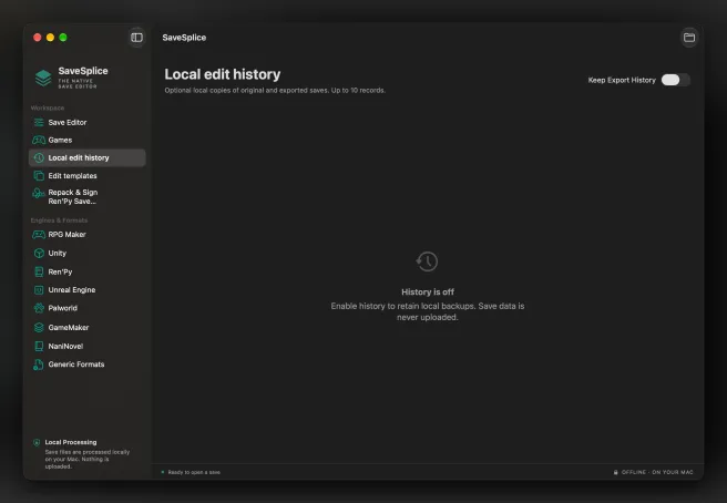 SaveSplice Local Edit History with optional export history switched off.
