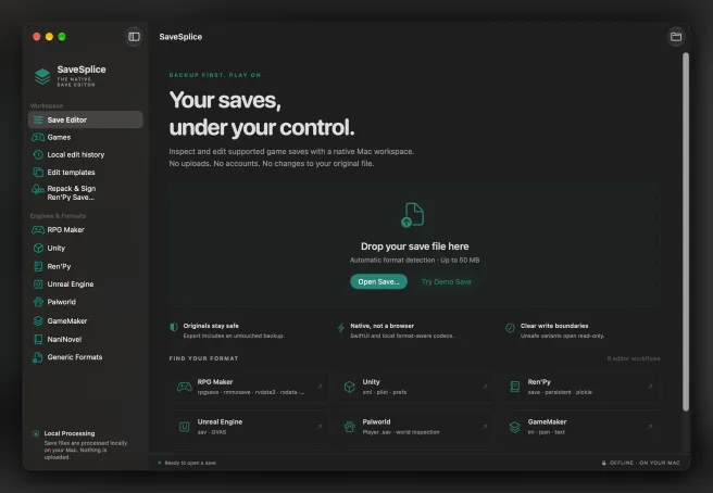 SaveSplice Save Editor with a local save drop zone and engine and format workflows.