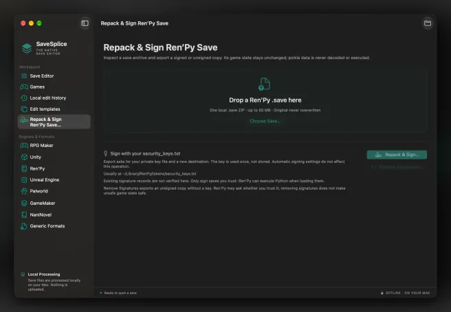 SaveSplice Ren'Py Repack and Sign workspace for exporting signed or unsigned save copies.